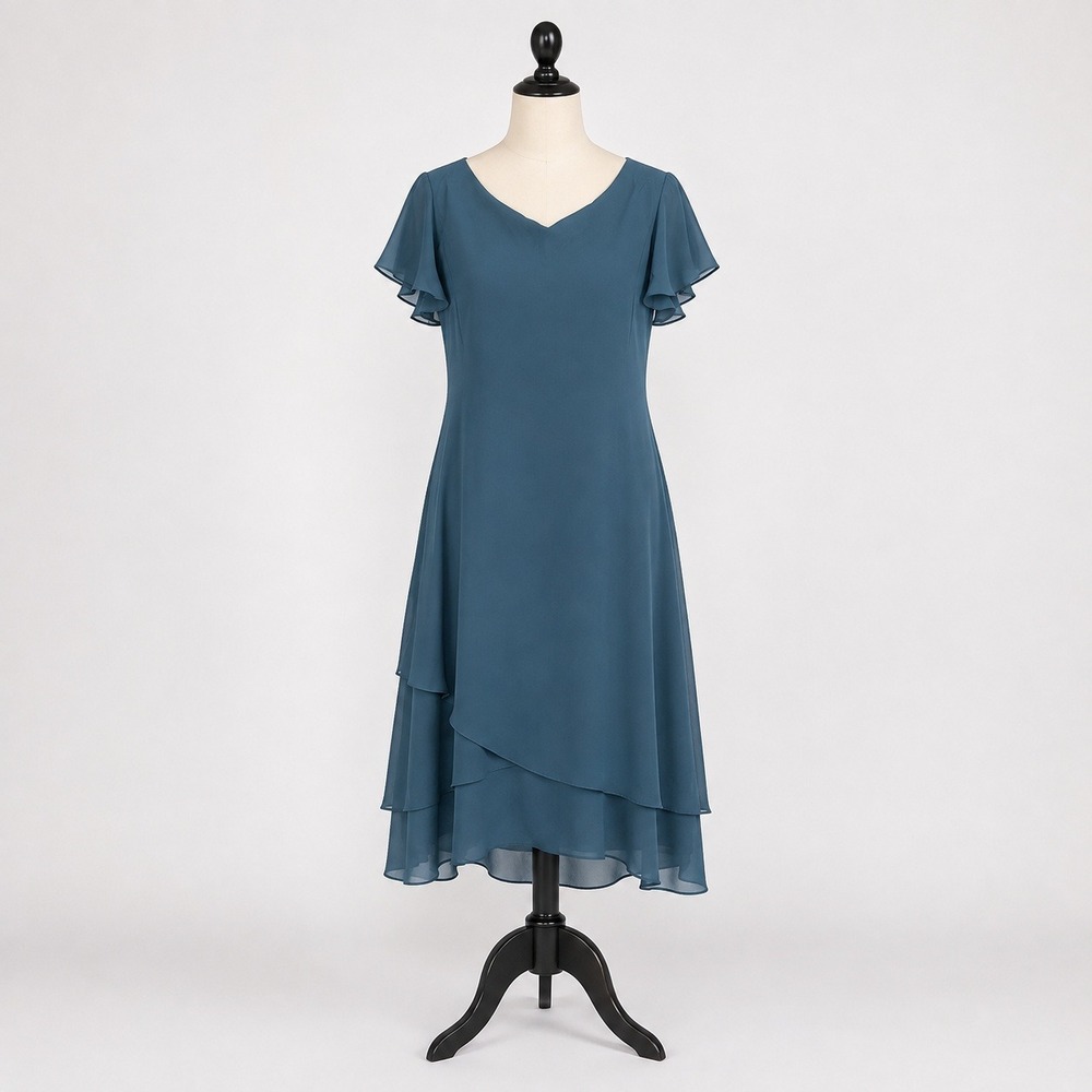 JJ's House Chiffon Midi Dress Womens 6 Teal Excellent Tiered Formal Wedding Gu